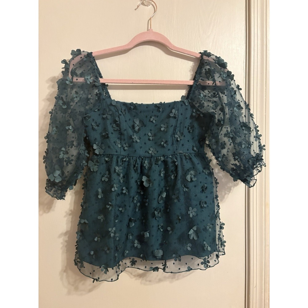 THIRTY/THIRTY LA Mesh 3D Floral Appliqué Puff Sleeve Blouse Teal Size S